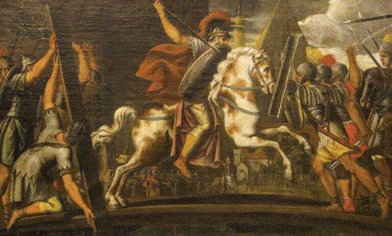 Horatius Coclès défendant le Pont Sublicius avec le château Saint Ange, la colonne Trajane et la pyramide de Caius Cestius à l'arrière-plan Huile sur toil