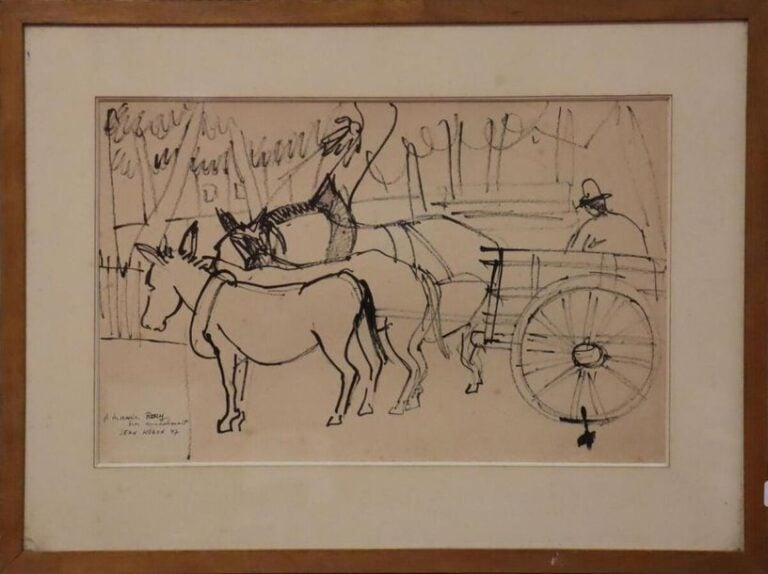 HUGON Jean (1919 - 1990) « La charette » dessin signé en bas à gauche, daté 47 et dédicacé - 31x49