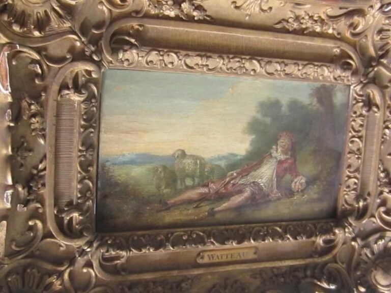 Huile sur panneau "Le berger" (porte un cartouche Watteau)