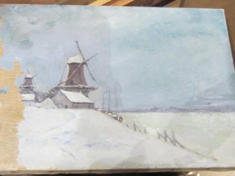 Huile sur toile Van Ryssel "moulin sous la neige" (accidents)