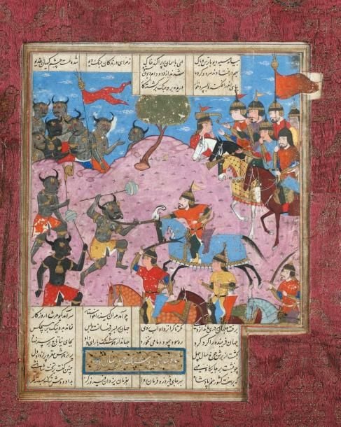 Hushang tue le Div noir Le noble roi Hushang, fils de Syamak de la dynastie Pishdadian, décide de venger la mort de son père en livrant bataille au Div (démon) noi