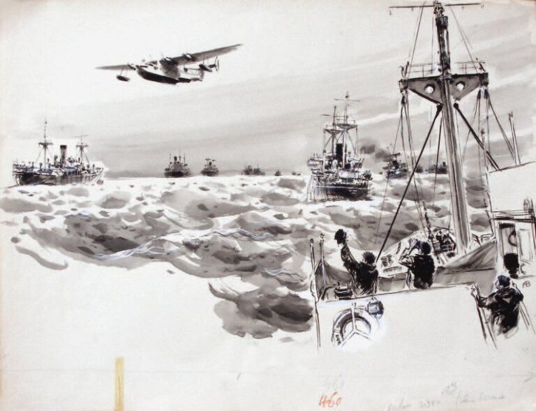 "Hydravion survolant un convoi maritime" Gouache sur papier monogrammée en bas à droit