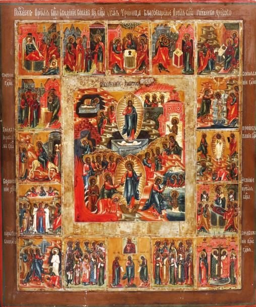 Icône d'origine russe, d'époque du XIXe siècle représentant les grandes fêtes liturgiques, la Résurrection et la Descente aux Limbes sont entourées de 16 scènes de la vie du Christ et de la Vierge Marie Patine, petits manques sur la bordure, tempera à l'oeuf sur levkas et bois 63 x 53,2 cm