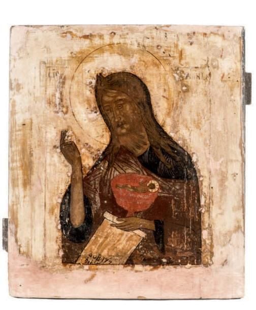 Icône d'origine russe, d'époque du XIXe siècle, représentant SAINT JEAN LE PRÉCURSEUR Tempera à l'oeuf sur gesso et bois