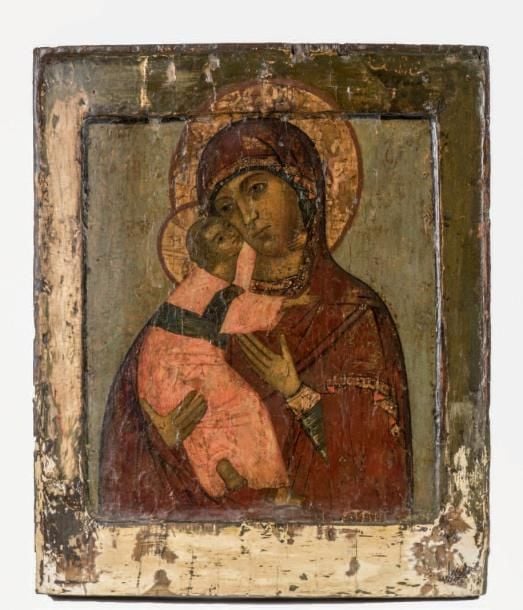 Icône d'origine russe, d'époque vers 1700, représentant LA VIERGE DE VLADIMIR Tempera à l'oeuf sur gesso et bois