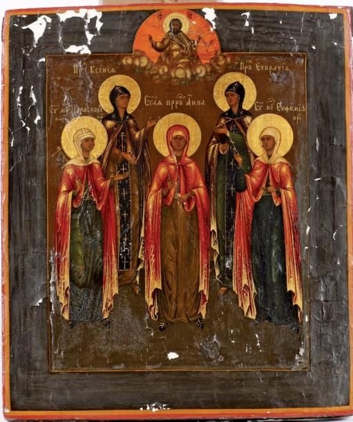 Icône familiale, russe, représentant Saint Ksenia, Sainte Eudoxie, Sainte Paraskevie, Sainte Anne La Profetesse et Sainte Eufemie, Christ Bénissant dans la bordure supérieure, restaurations, repeints et manques, tempera à l'oeuf sur levkas et bois 19,3 x 24,5 cm