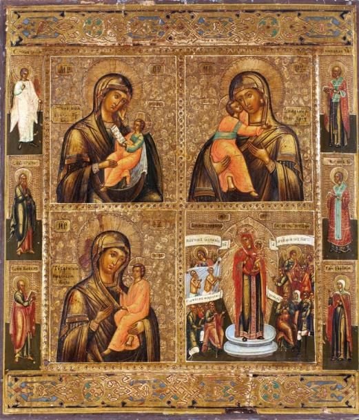 Icône quadripartite, russe, seconde moitié du XIXe siècle, représentant La Vierge à l'Enfant «Mère adoucit ma peine», La Vierge de Vladimir, La Vierge de Tikhvin, La Vierge de Miséricorde, dans la bordure à gauche: l'Ange Gardien, Saint Siméon, Saint Paul, à droite: Saint Nicolas, Saint Jean Boccador, Sainte Euphémi