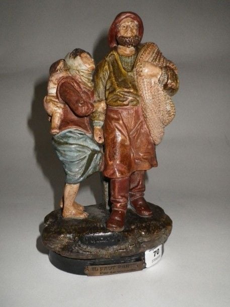 Il faut partir par Le Guluche Famille de pêcheurs en terre cuite polychrome, cachet CIA, signée