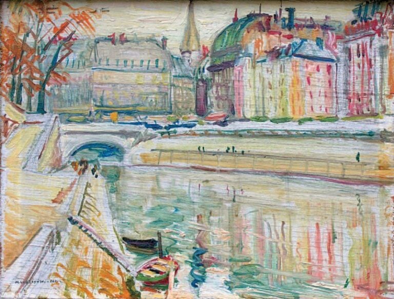 Île de la Cité Huile sur contreplaqué Signée et située « Paris » en bas à gauche 27 x 35 c