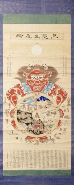 Illustration représentant la roue de la vie (goshushojirin) avec ses cinq sections enserrées dans les griffes du démon de l'impermanenc