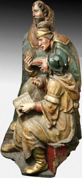 Important groupe d'applique figurant trois docteurs en noyer sculpté, polychromé et dor