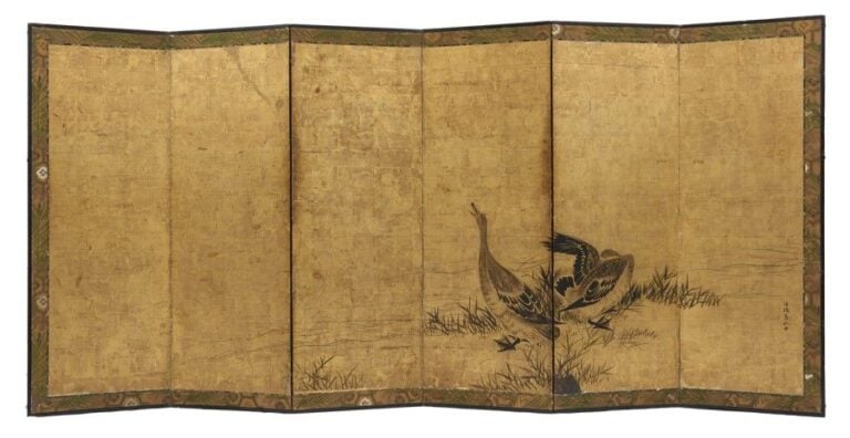 Importante lot de deux paravents à six feuilles (byobu