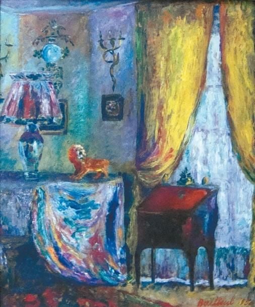 Intérieur bourgeois Huile sur panneau d'isorel, signée en bas à droite et datée 1950 55 x 46 cm