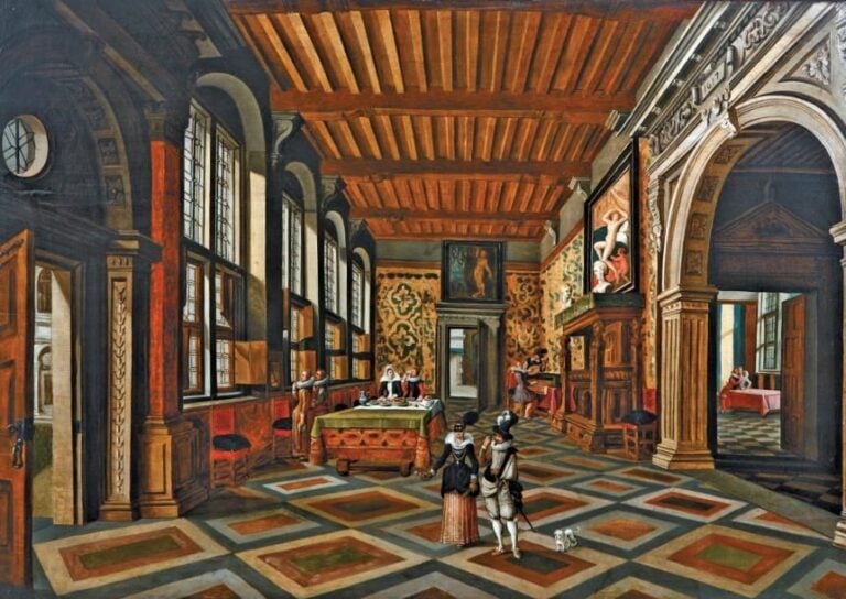 « Intérieur d'un palais animé de personnages costumés » Huile sur panneau parqueté (quelques restaurations anciennes) Daté 1617 dans le cartouche de la voûte en haut à droite 77 x 107 cm (*)
