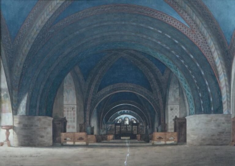 «Intérieur d'une crypte d'église» Plume et aquarelle, signée Gertaud? et datée 1868 en bas à gauche 29 x 41 cm