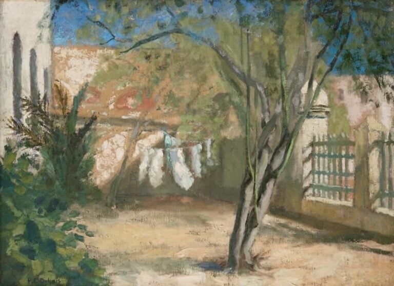 Intérieur de cour Huile sur toile, signée en bas à droite 60 x 80 cm