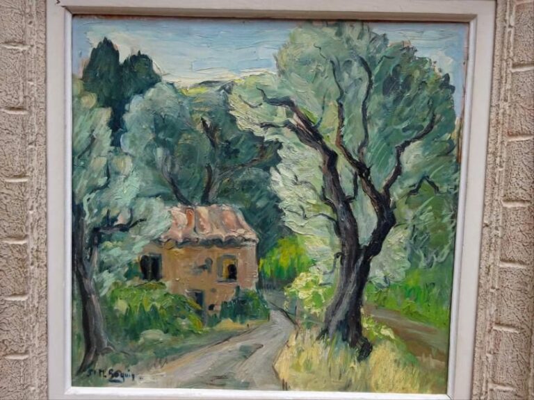 Iris Michelle RAQUIN (1933-) Maison dans les oliviers Huile sur isorel Signée en bas à gauche 44,5 x 46 cm