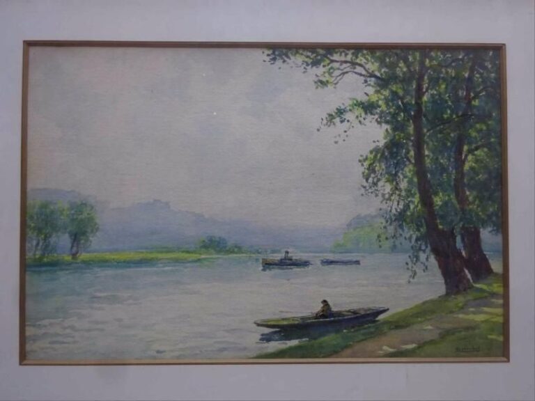 Isidore ROSENSTOCK (1880-1956) Pêcheur sur la rivière Aquarelle sur papie