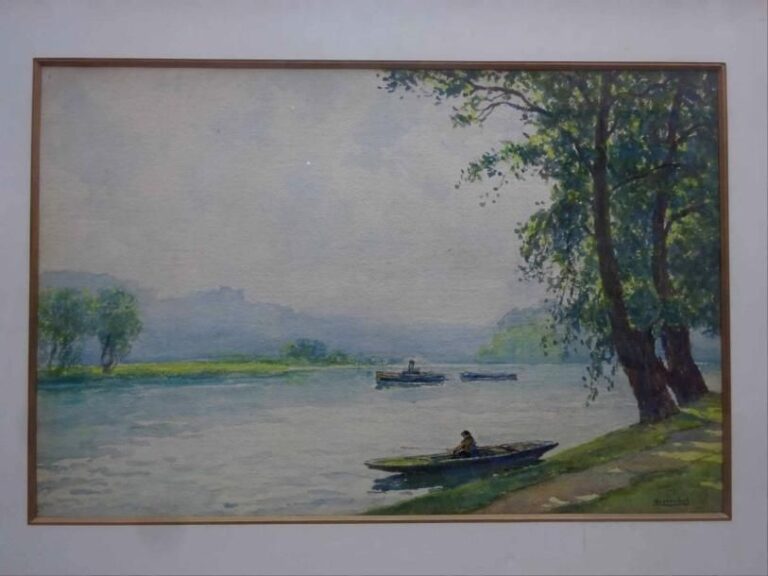 Isidore ROSENSTOCK (1880-1956) Pêcheur sur la rivière Aquarelle sur papier Signée en bas à droite Dans son encadrement et sous verre 36 x 54 cm