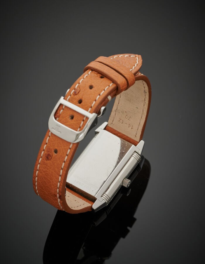 JAEGER LECOULTRE - BRACELET MONTRE rectangulaire de dame, "Reverso" en acier. L…