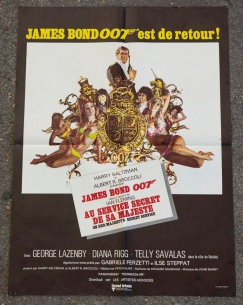James Bond Affichette 60x80 cm imprimerie Ets St Martin Au service secret de Sa Majesté Pliée - trous de punaise 1969 France
