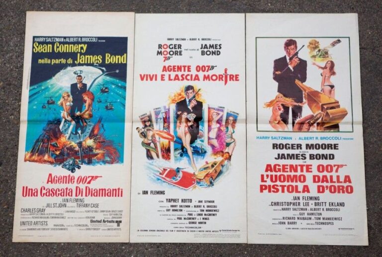 James Bond Lot de 3 Affichettes Locandina Italienne 69 x 34 cm - l'homme au pistolet d'or - Les diamants sont eternels + vivre et laisser mourir - Titres en Italien Pliées