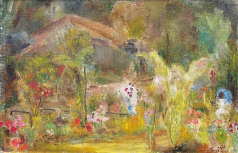 Jardin fleuri Huile sur toile Signée en bas à droite 27 x 41 cm