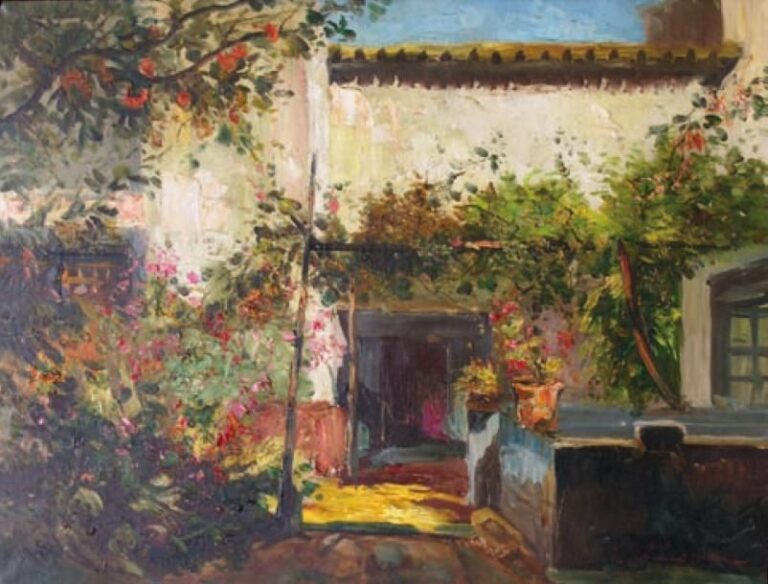 Jardin méditerranéen Huile sur toile Signée en bas à droite 60 x 81 cm