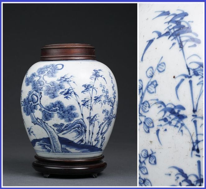 JARRE A GINGEMBRE OVOÏDE EN PORCELAINE BLEU BLANC