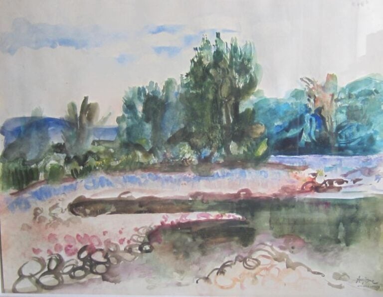 Jean AUJAME (1905-1965)Paysage Aquarelle, signée en bas à droite du cachet de la vente d'atelier50 x 65 cm