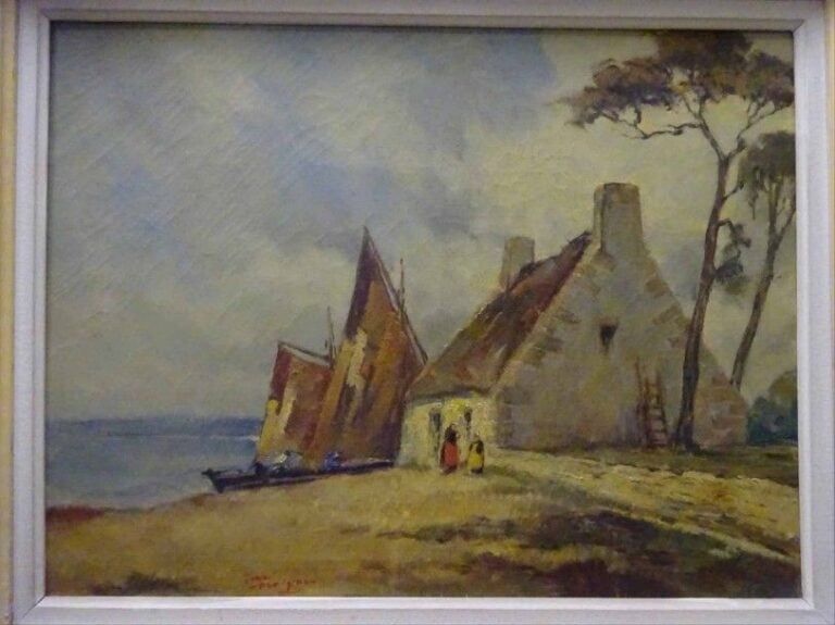 Jean DUVIGNAN (Actif XXe siècle) Retour de pêcheurs devant la chaumière Huile sur toile Signée en bas à gauche 50 x 65 cm