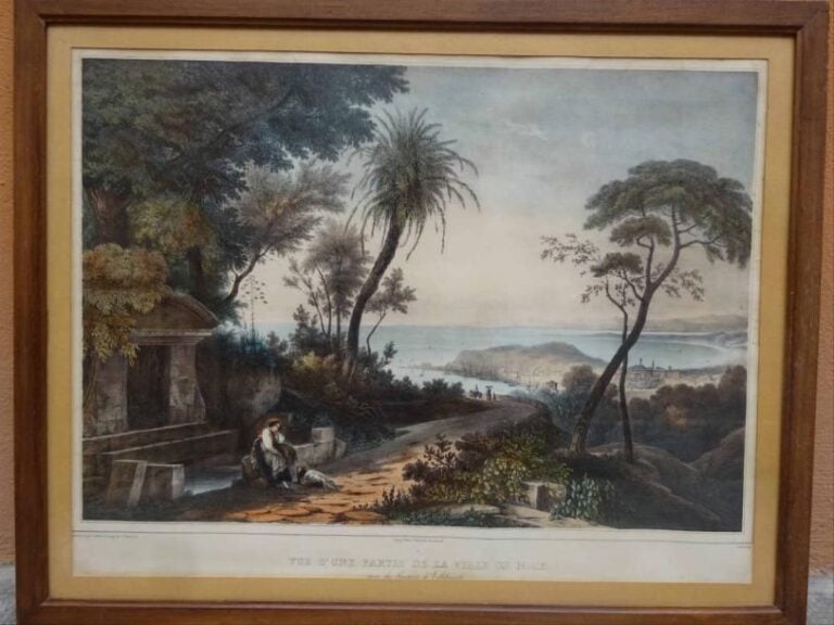 Jean Jacques CHAMPIN « Vue d'une partie de la ville de Nice, prise des hauteurs de VILLEFRANCHE » Lithographie rehaussée d'aquarelle  (Cf : ouvrage édité par l'Academia Nissard