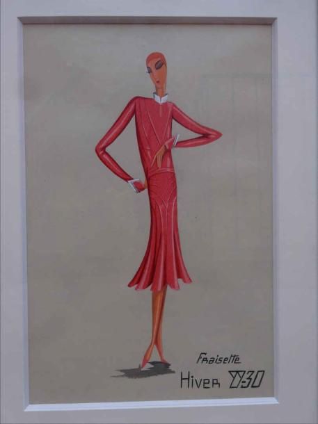 Jeanne LANVIN (1867-1946) "Fraisette" Gouache sur papier Titrée et datée en bas à droite: "Hiver 29-30" Cartel de la vente aux enchères de l'atelier de la créatrice au dos Dans un encadrement et sous verre 46 x 30 cm (à vue) Provenance: Cornette de Saint Cyr, Paris, "Atelier Jeanne Lanvin", 08/10/2002, lot 753 A GOUACHE ON PAPER BY JEANNE LANVIN (1867-1946)