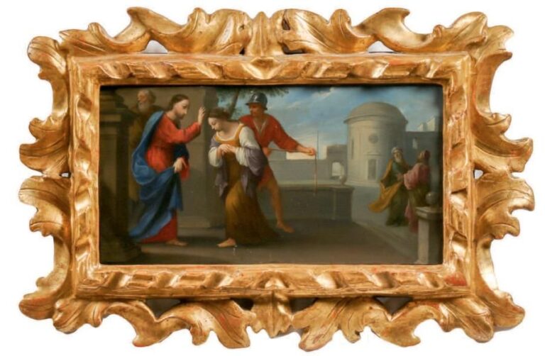 JÉSUS ET LA FEMME ADULTÈRE LE CHRIST GUÉRISSANT LE PARALYTIQUE Deux huiles sur cuivre formant pendant (restaurations anciennes)