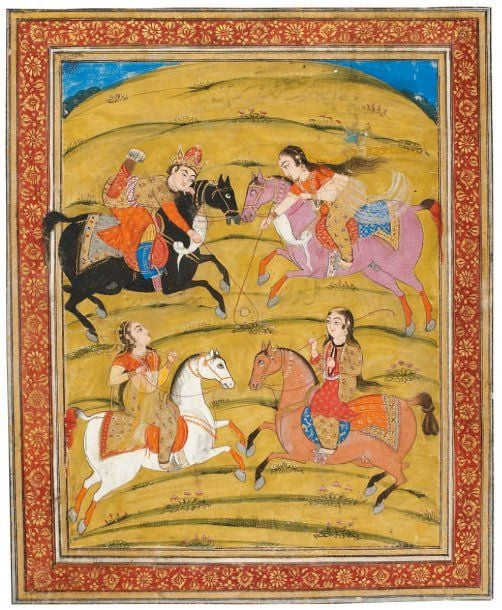 JEU DE POLO Un prince et trois cavalières jouent au pol