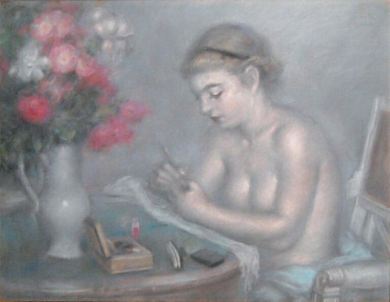 Jeune femme à sa toilette Pastel Signé en haut à droite 48 x 63 c