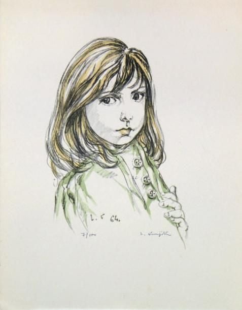 JEUNE FEMME AUX TROIS BOUTONS, 1964 Lithographie en couleurs Monogrammée et datée 64 dans la planche, contresignée en bas à droite et n°7/100 38 x 27,7 cm