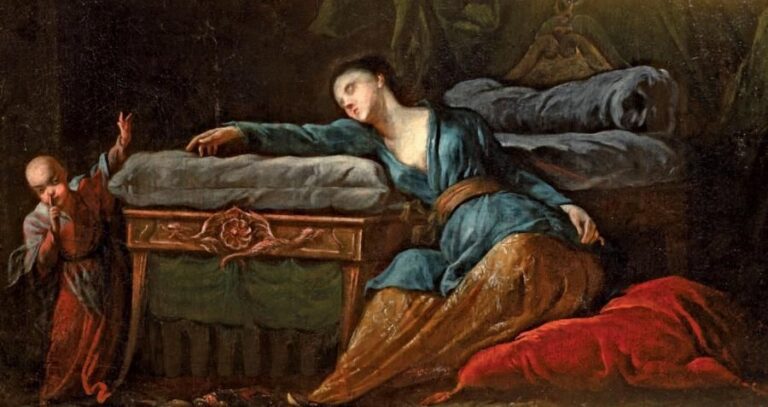 «Jeune femme endormie, accompagnée d'un serviteur chinois» Huile sur toile (restaurations) 38,5 x 68,5 cm