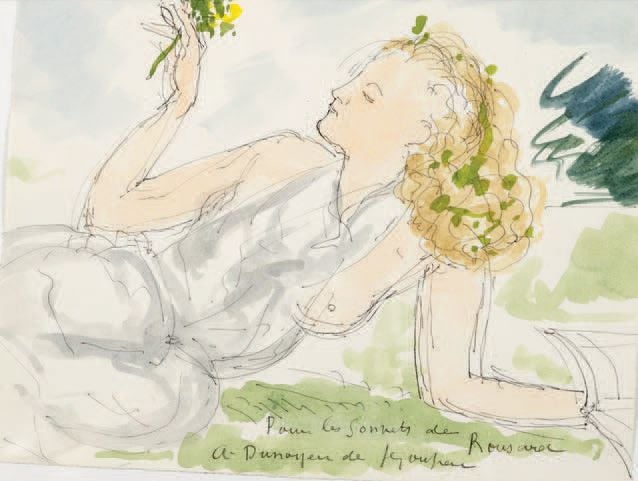 Jeune fille aux fleurs Encre et aquarelle, signée et annotée «Pour les Sonnets de Ronsard» en bas au centre 20 x 25 cm