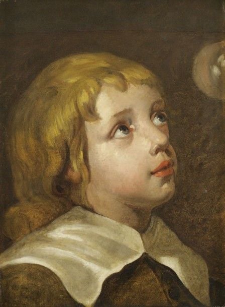 Jeune garçon regardant la bulle de savon Huile sur papier marouflé sur toil