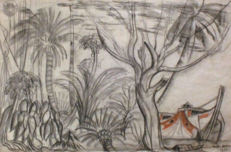 Jonques dans la jungle Pierre noire et sanguine, signée et datée 1951 en bas à droite 32 x 50 cm