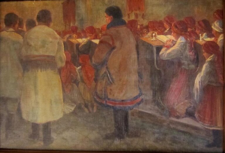 Josef KOUDELKA (1877-1966) La prièreHuile sur toile marouflée sur carton19,5 x 44,5 cm