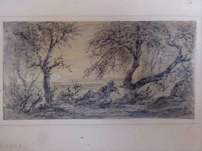 Jules DEFER (1803-1902) Le repos sous l'olivier Mine de plomb, encre, lavis et gouache  Monogrammée en bas à droite 10 x 20 cm