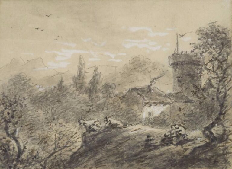Jules DEFER Vue d'une tour Mine de plomb sur papier 10 x 13 cm