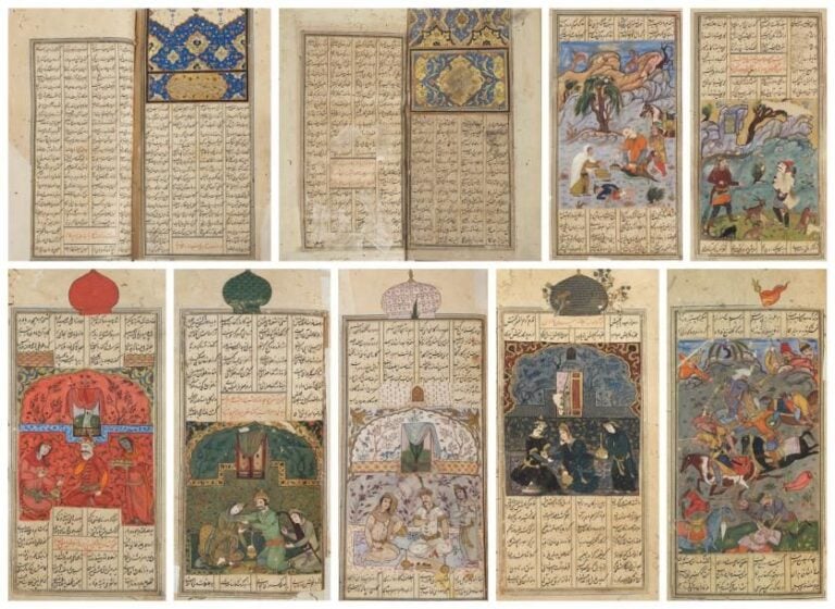 Khamsa, Quintet de Khosrow Dehlavi Iran, Ispahan, Epoque Safavide, vers 1650 Hauteur: 26,5; Largeur: 16,5 cm Tranche: 5 cm Manuscrit persan de 438 pages de vingt et une lignes par page en écriture nasta'liq noire et rouge pour les titres des épisodes avec des filets d'encadrement or et polychrome
