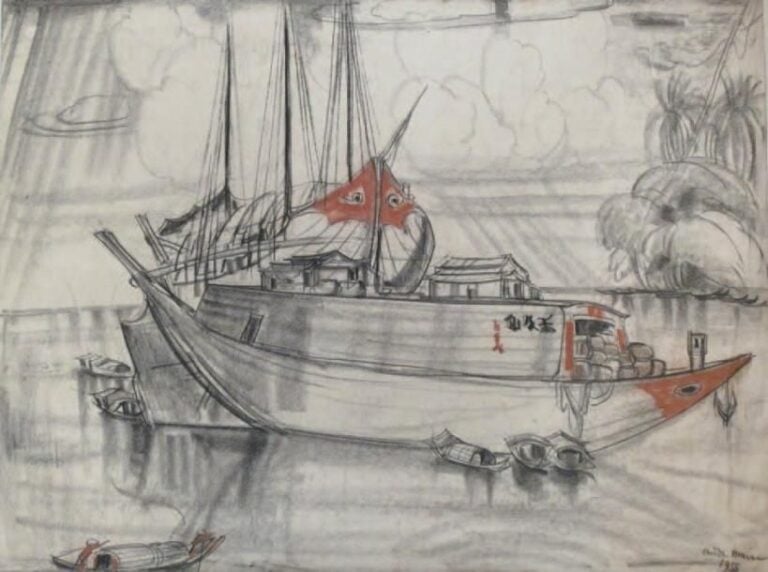 L'arrivée des marchandises, 1955 Pierre noire et sanguine, signée et datée en bas à droite 65 x 50 cm