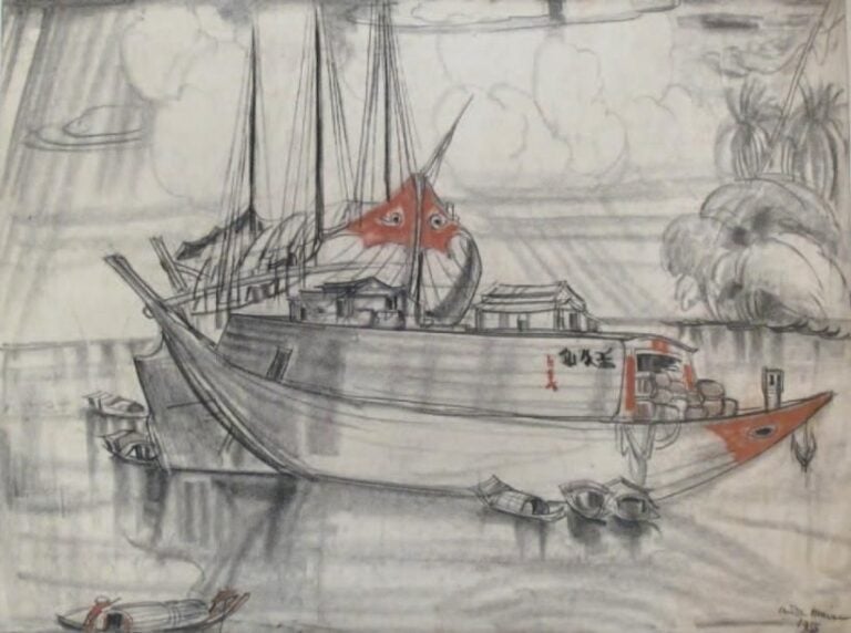 L'arrivée des marchandises Pierre noire et sanguine, signée et datée 1955 en bas à droite 65 x 50 cm