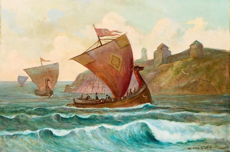 L'arrivée des Vikings Huile sur toile, signée en bas à droite 49,5 x 73 cm Oil on canvas, signed lower right