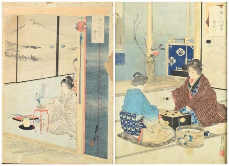 L'art de l'Ikebana et Le jeu de Go  Suite de deux Oban Tata-e encadrées  Estampes numéro 4 et numéro 26 d'une série de 36 images intitulée Fujin Fuzoku Zukushi / Manières et Coutumes des Femmes et probablement publiée pour la première fois en 1891 (déchirures, mouillures, tâches, marges coupées) 32,5 x 21,5 cm (à vue) - jeu de go 34,5 x 23,5 cm - ikebana