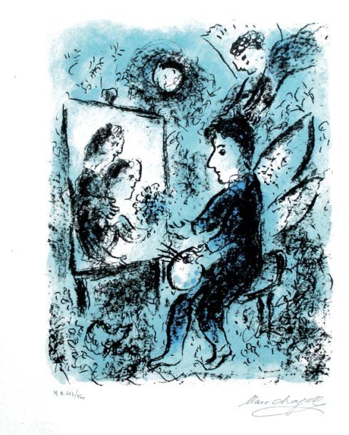 L'artiste au chevalet Lithographie originale, signée en bas à droite du cachet Numérotée 423/55 et signée du timbre sec 66 x 48 cm